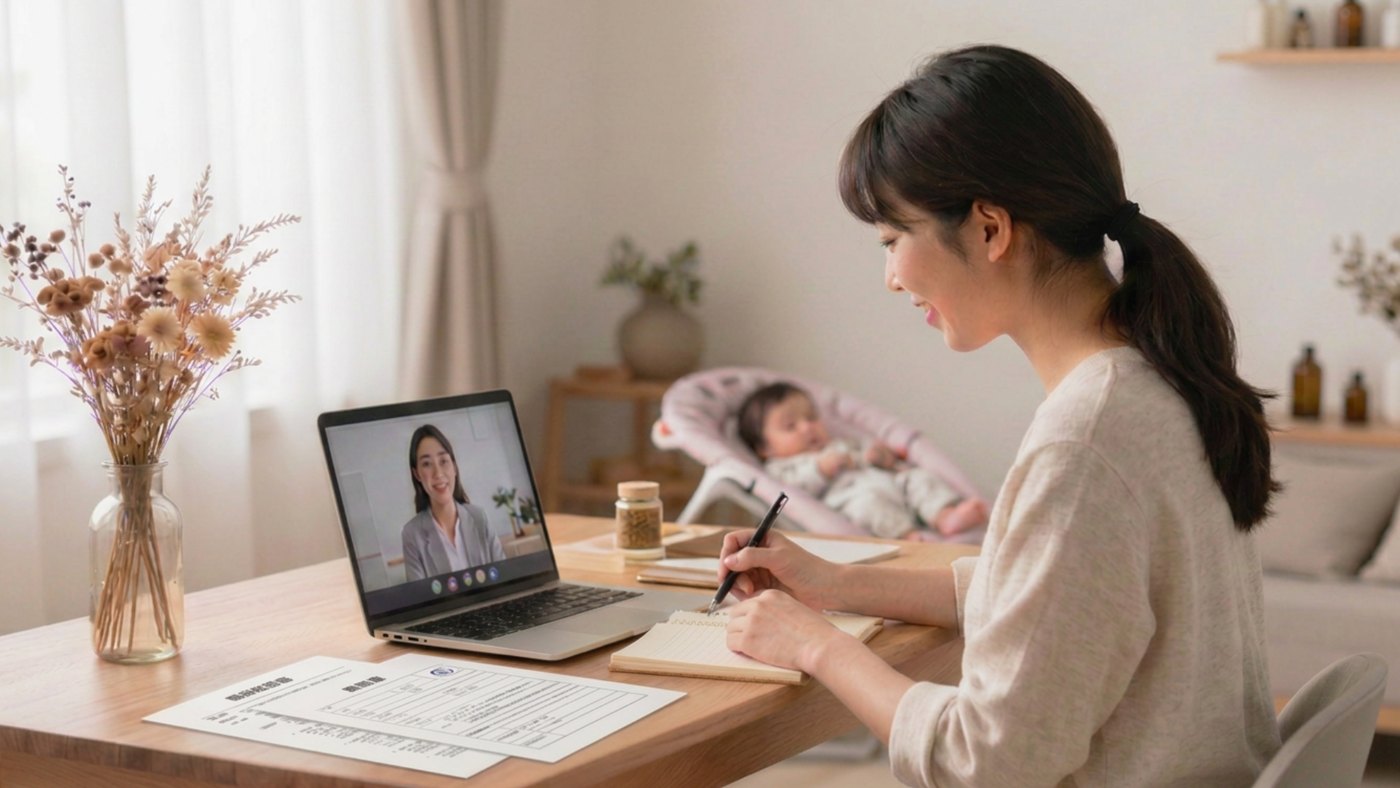 赤ちゃんのそばでオンライン相談を受けながらメモを取る母親