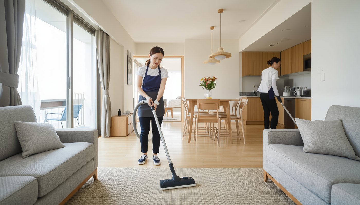 日本の住宅で掃除機をかける家事代行スタッフ