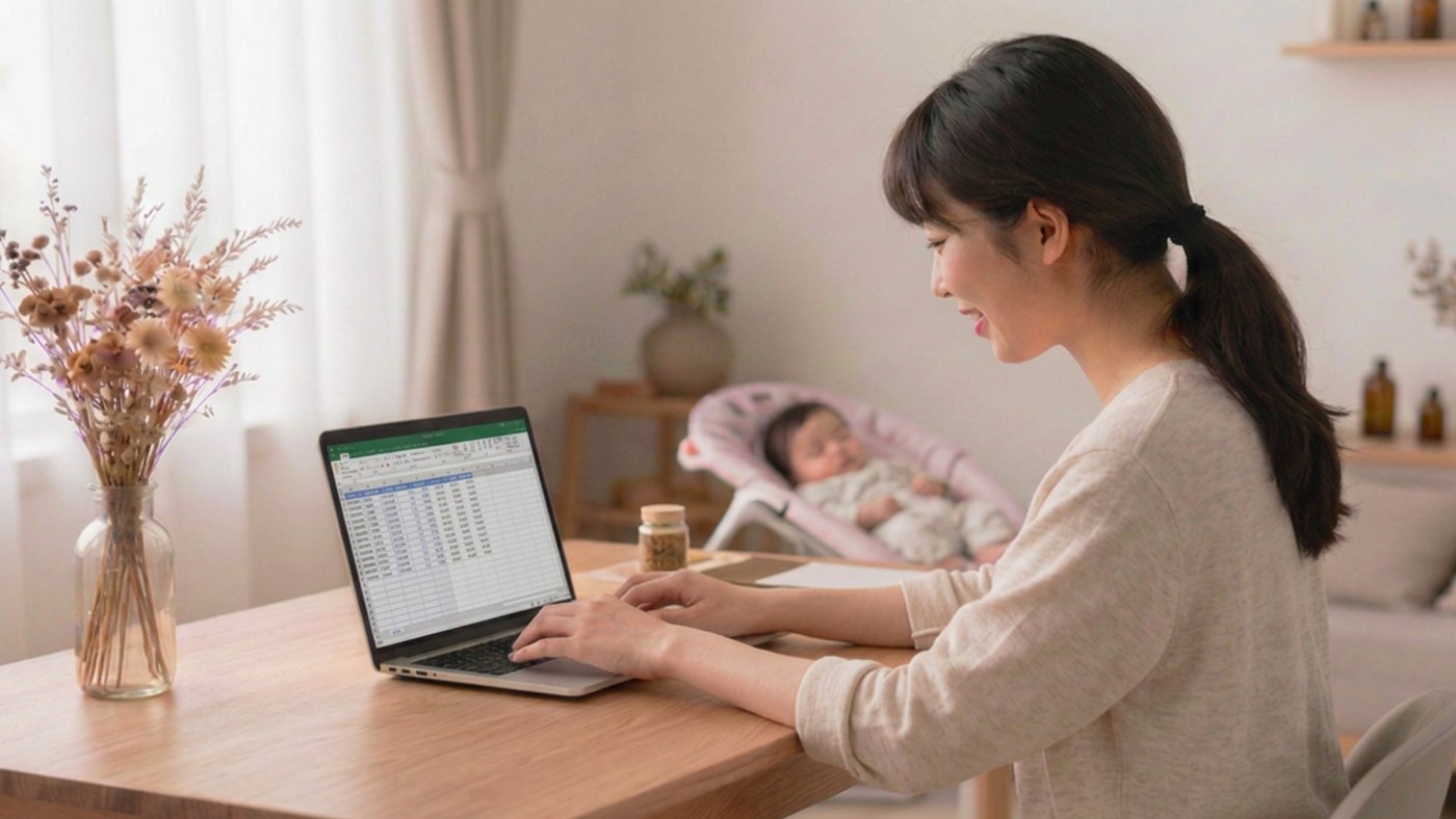 赤ちゃんのそばで在宅データ入力をする女性