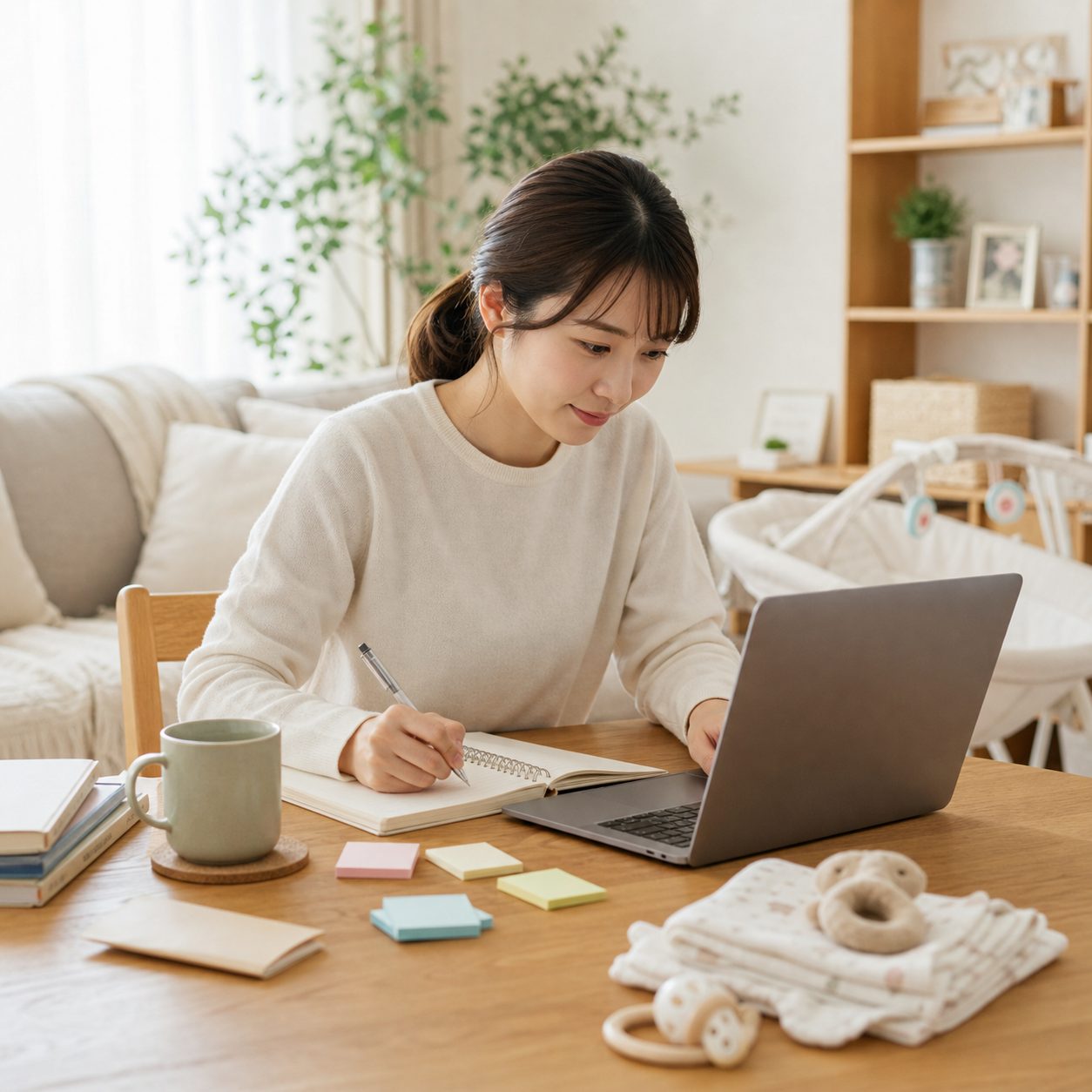 自宅で通信講座の資格学習をする女性