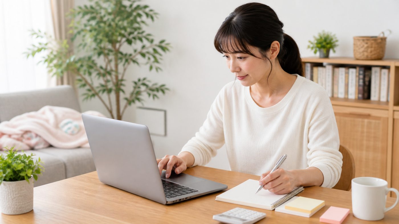 MOS学習のために自宅でパソコンを使う女性