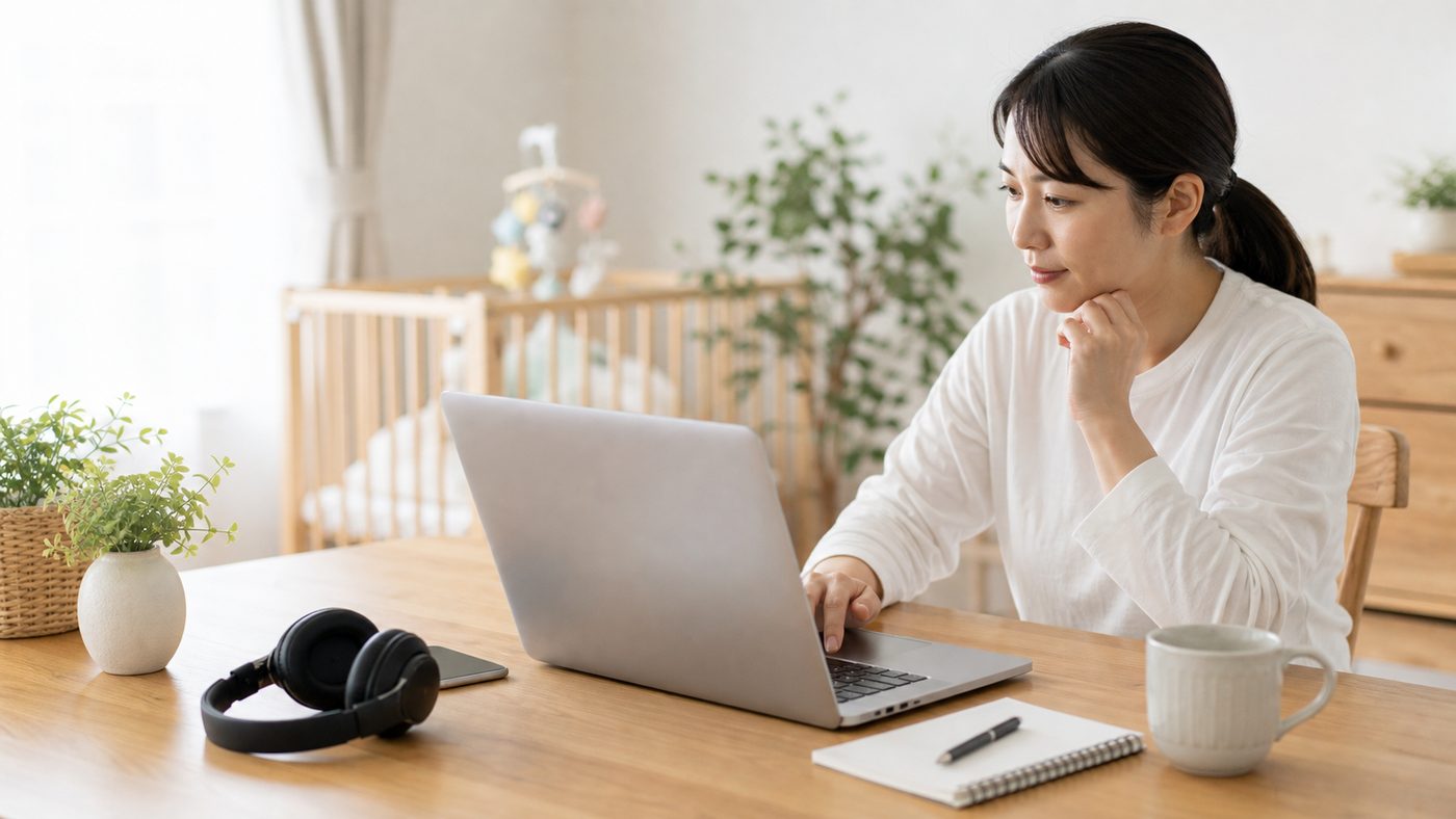 英語スピーキング教材を自宅で学ぶ女性