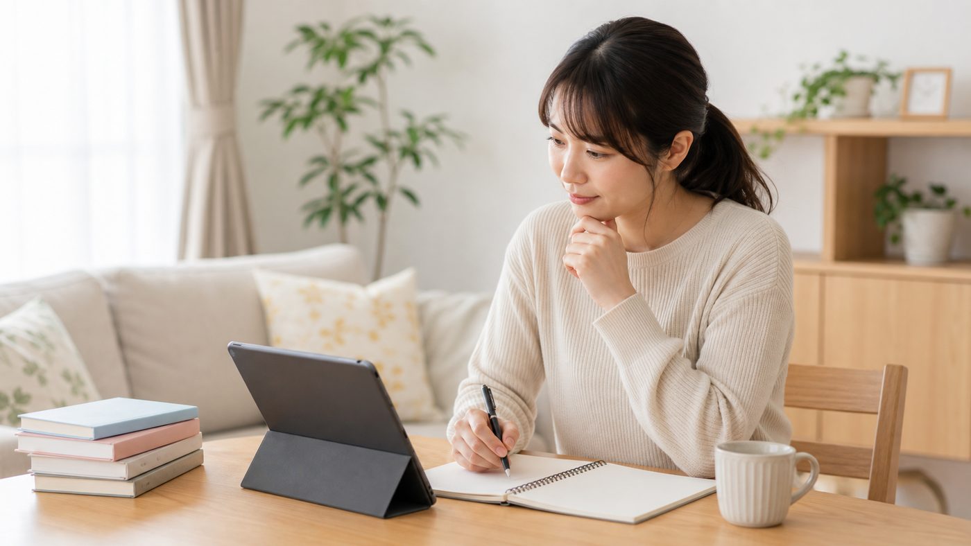 すきま時間に資格学習を進める女性