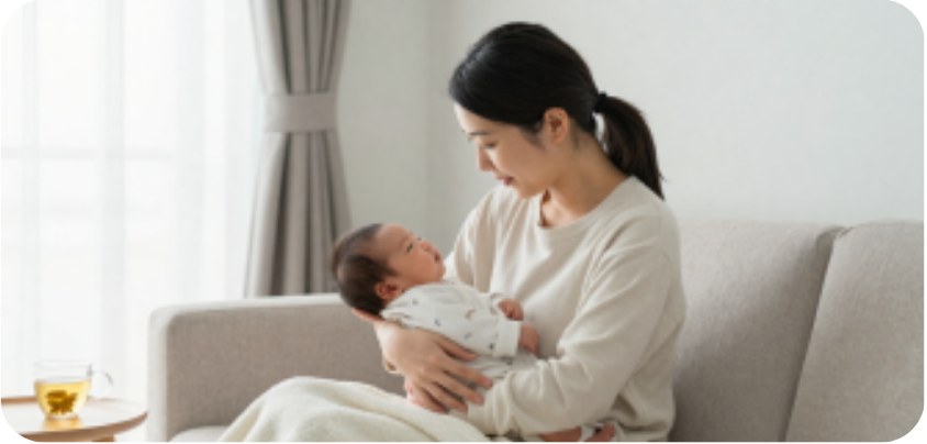 赤ちゃんを抱っこして休むママ