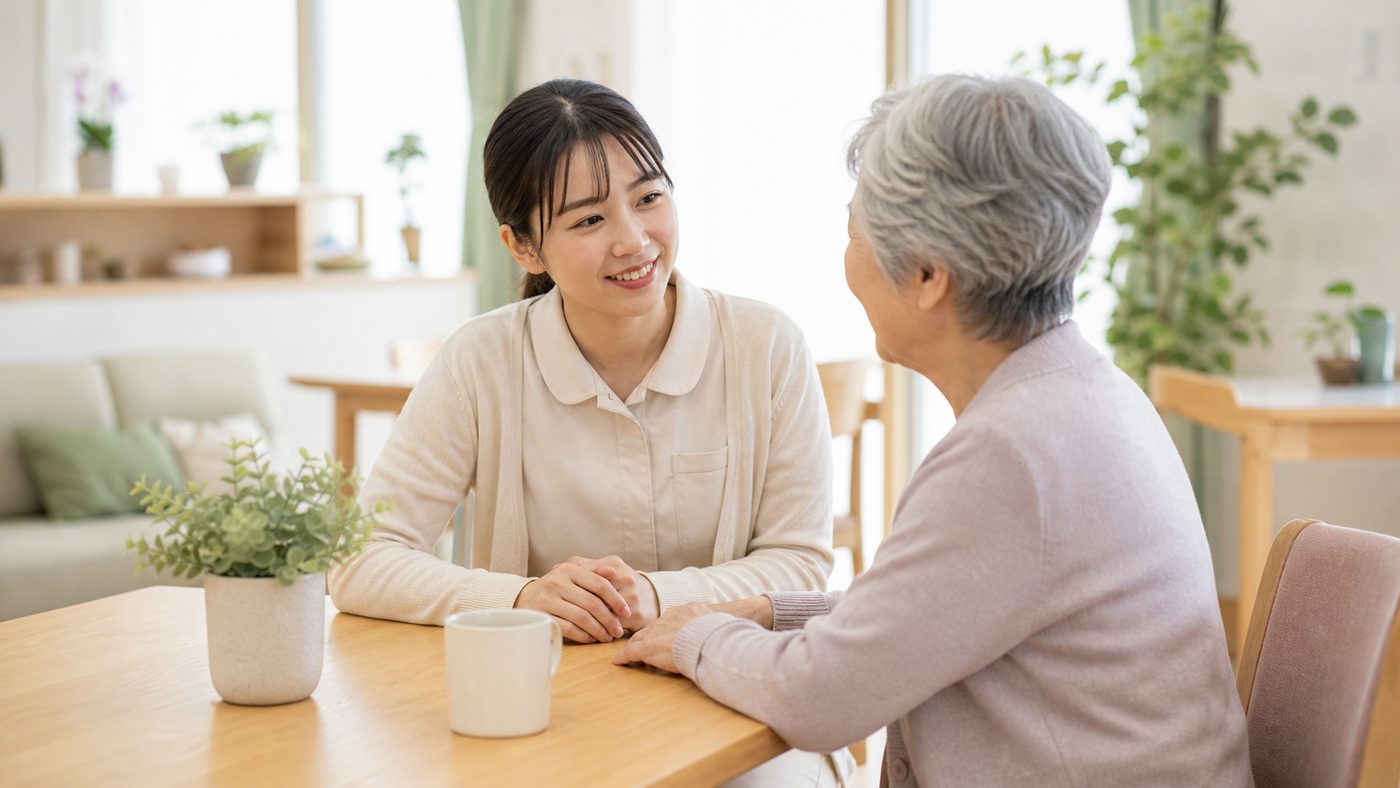 介護や福祉の仕事について自宅で調べる母親のイメージ
