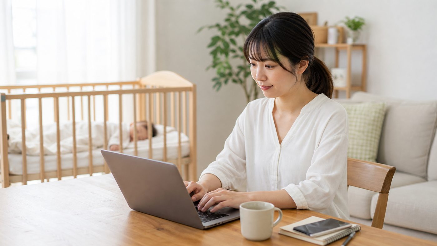 自宅で文章作成や在宅ワークをする女性