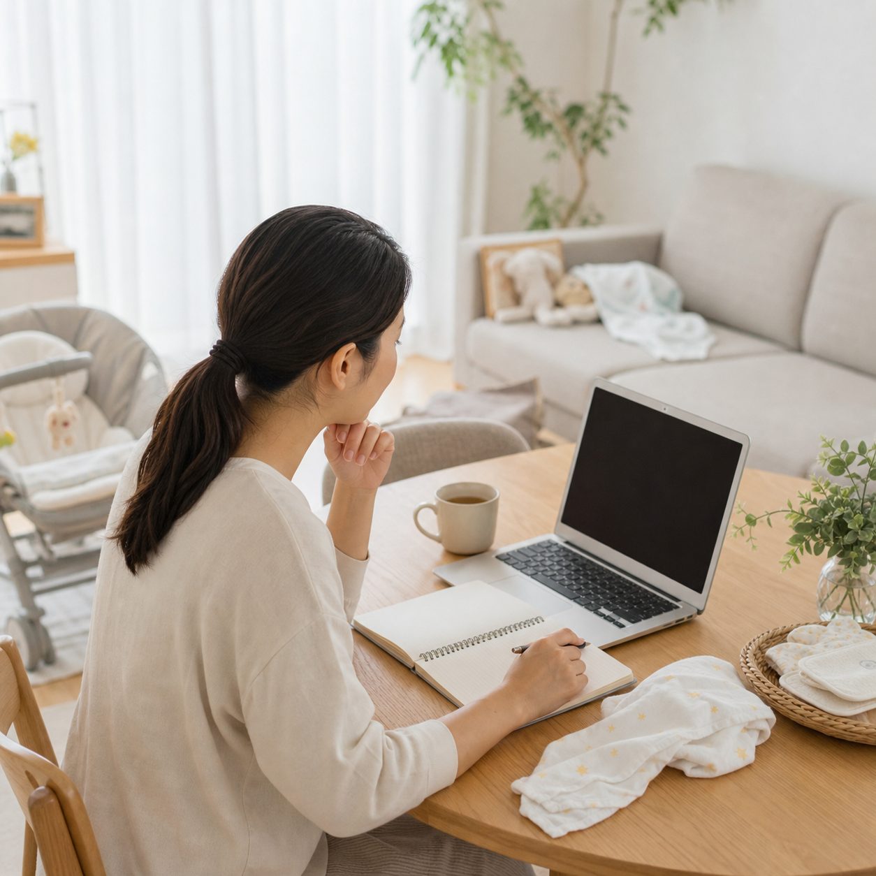 自宅で働き方を考える母親のイメージ