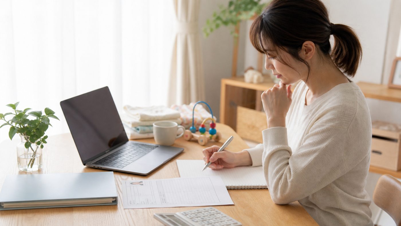 事務復帰に向けて書類とパソコンを確認する母親のイメージ