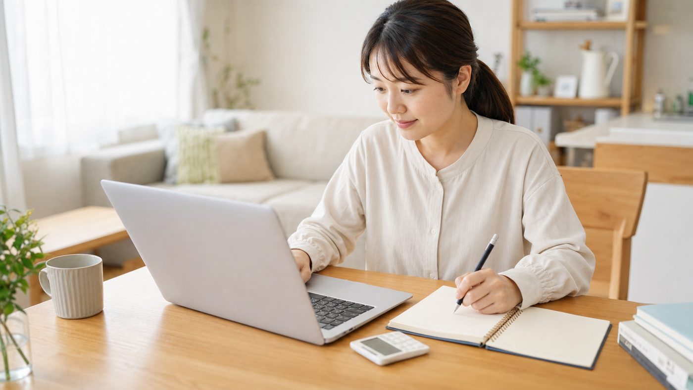 自宅で動画編集やPC作業を学ぶ女性